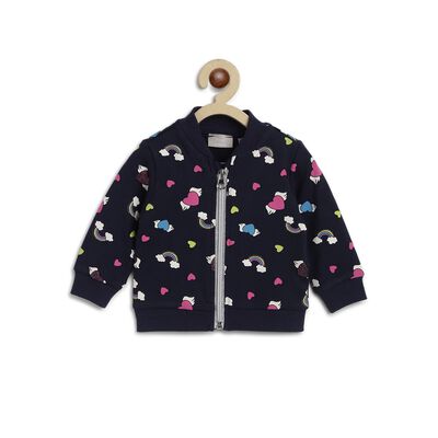 Girls Blue Printed Front Open French Terry Cardigan